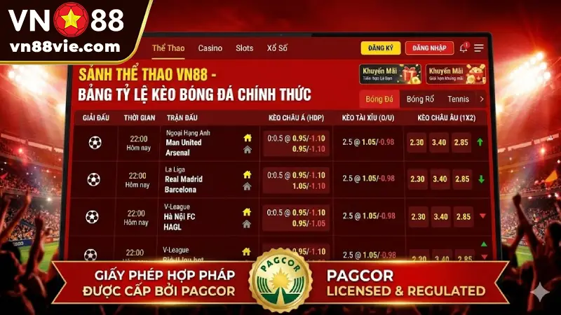 Bảng tỷ lệ kèo cược bóng đá tại sảnh Thể Thao VN88